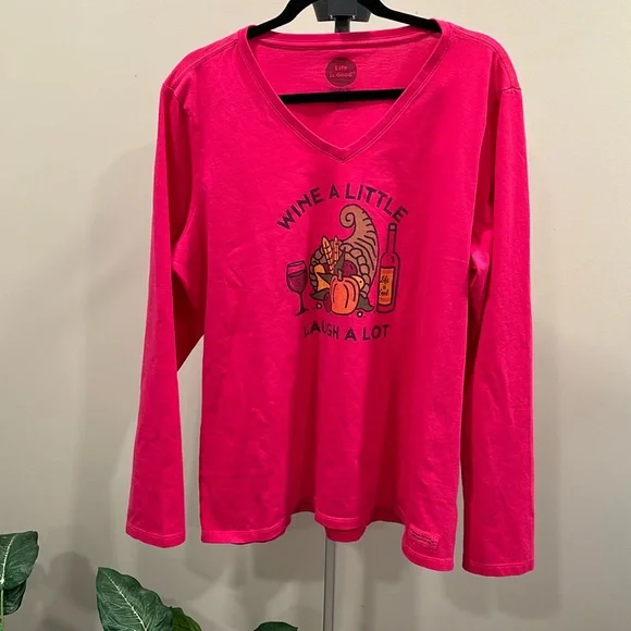 Life is Good Wine A Little Laugh a Lot Cornucopia Long Sleeve Tee Poppy Pink NWT - Picture 2 of 8
